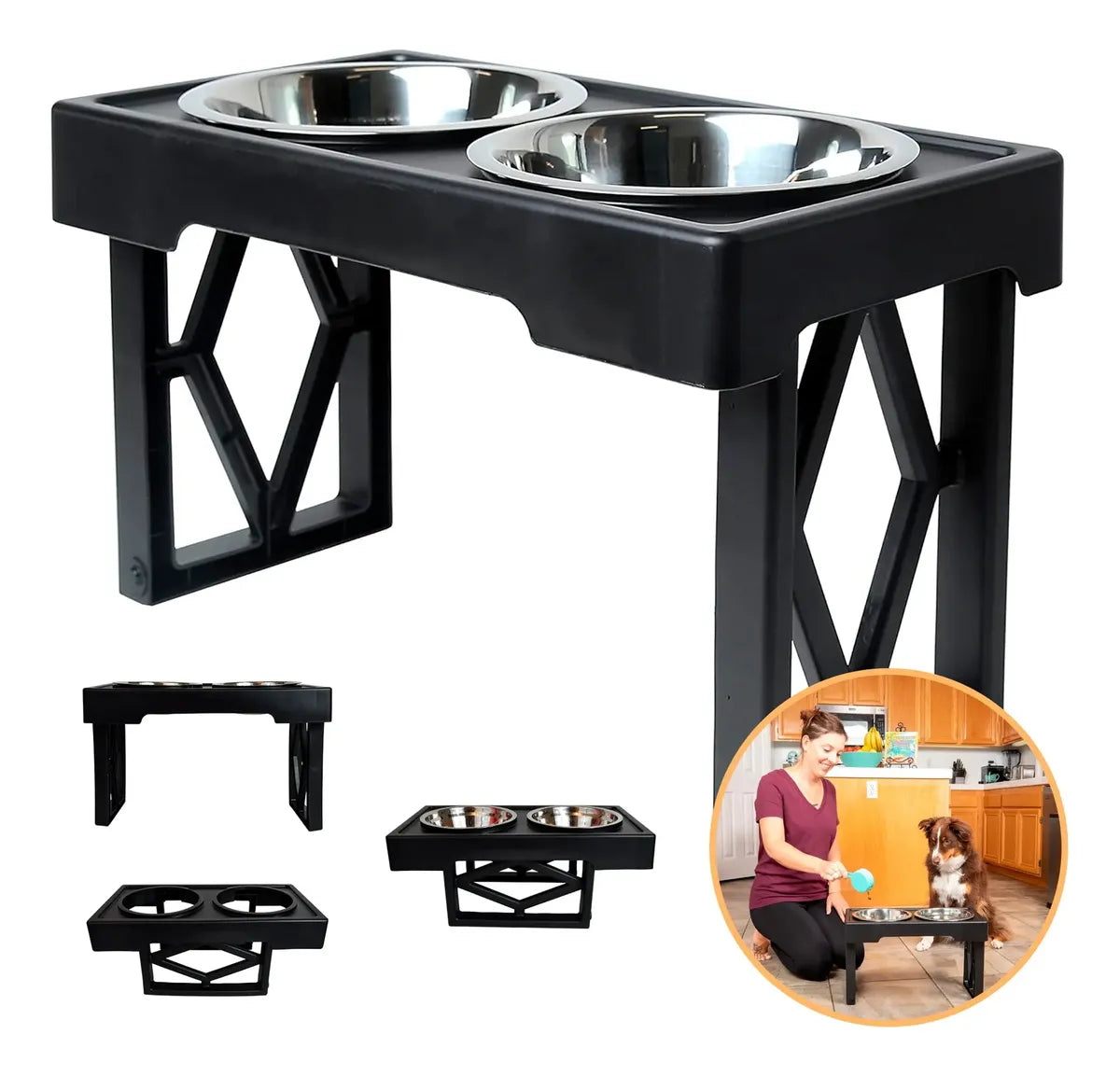 CT3089 1 Pieza De Tazón Elevado Ajustable 3 Alturas 2 Tazones Acero Inox Para Mascotas