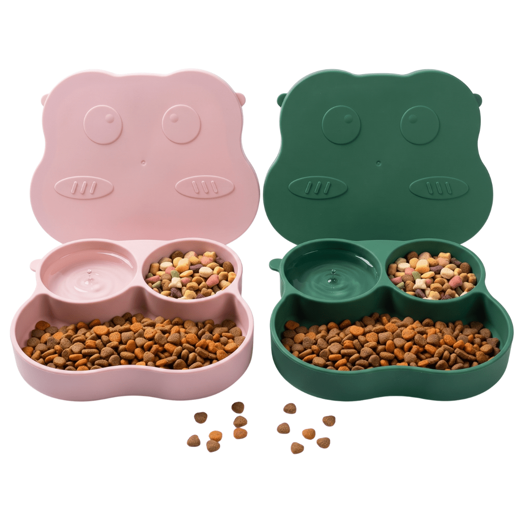 CT0312 1 Pieza De Tazón Flexible De Silicón Con 3 Divisiones Y Tapa Diseño Ranita Para Mascota